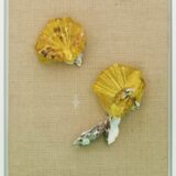 Valentinaki, Post-Plastik-Fauna XII, 2020, resina, conchiglia d'ostrica, cotton fioc, filo per ricamo su tela, 54x44 cm